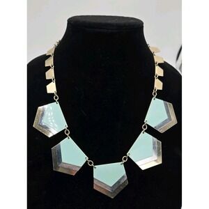 Vtg EXPRESS Teal Silver Gold Tone, Chevron Banner Statement Necklace Y2K 90s